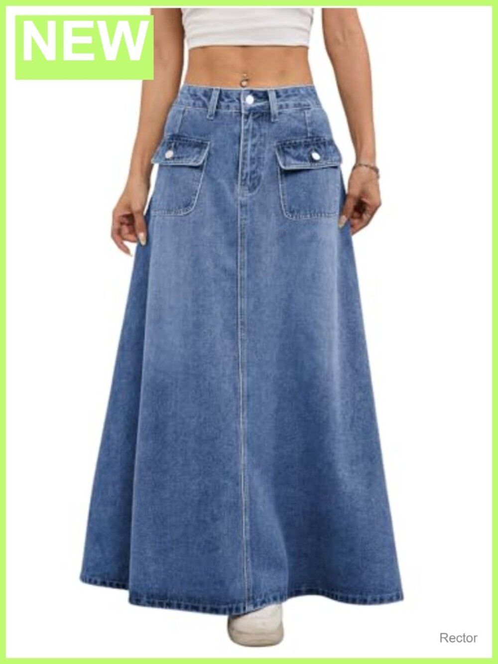 Women's Vintage Mid-Rise Flared Long Denim Maxi Skirt Pleated A-Line